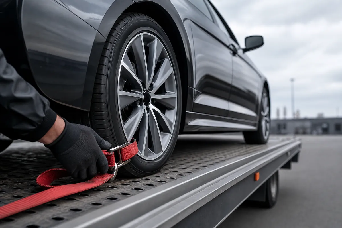 A wheel strap securing a passenger car on a flatbed