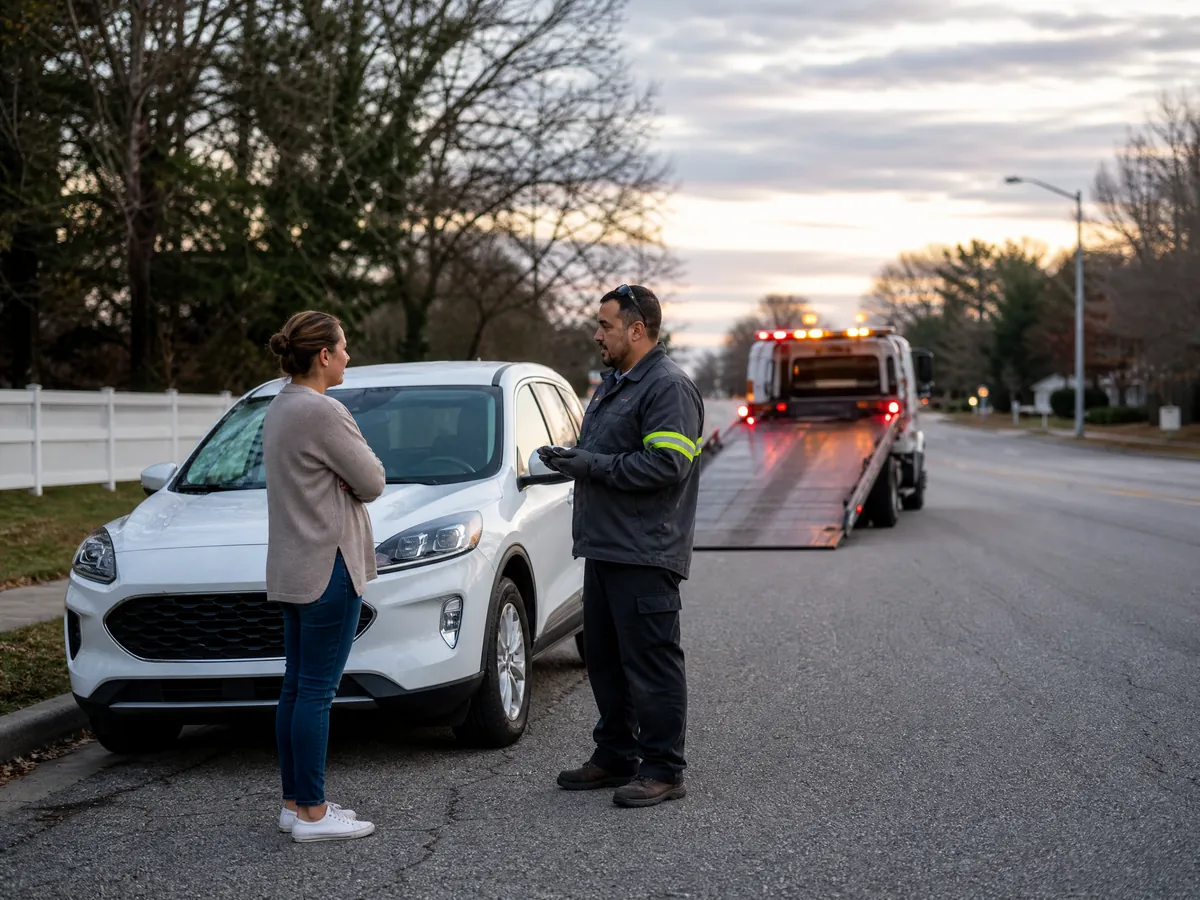 A towing operator assisting the driver of a passenger crossover